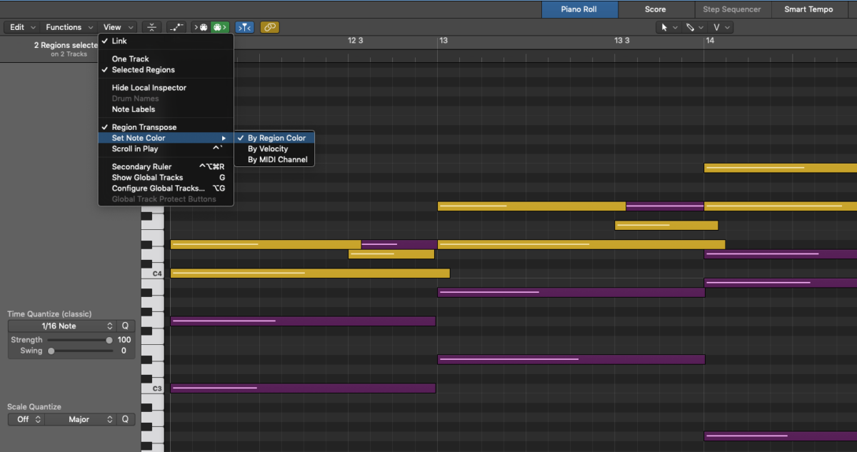 Note Color by Region Color in Logic Pro Piano Roll